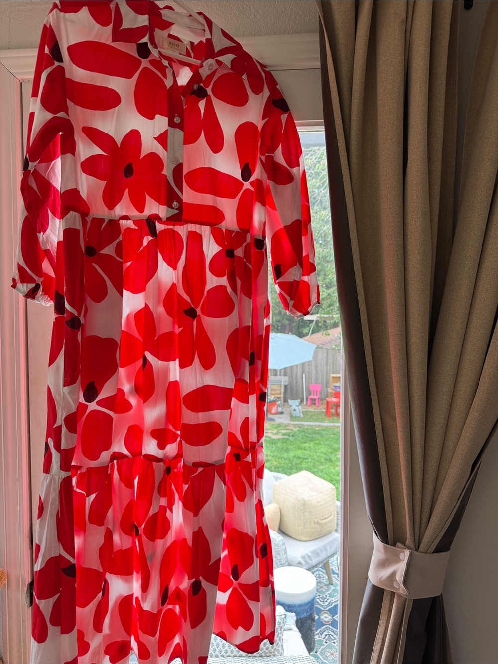 Maeve Red and White Floral Tiered Shirt-Midi Dress